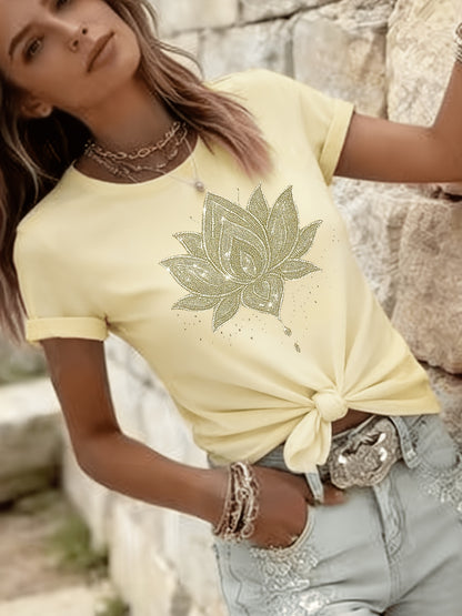 Inner Peace Mandala Plant Floral Pattern Printed T-Shirt Casual Short Sleeve Round Neck Top Fashionable All-Season Women'S Clothing