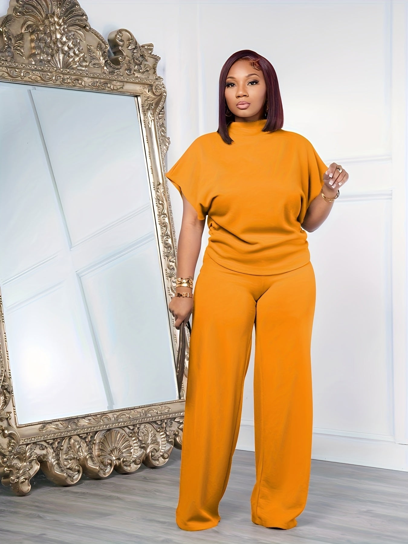 Women's Spring And Summer Two-piece Casual Set Short Sleeved Semi High Neck Loose Top Wide Leg Pants Set, Casual Sports Set