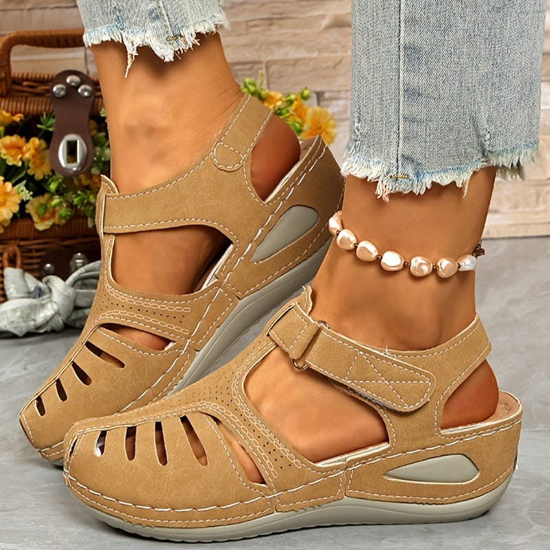 Ladies Leisure Wedge Sandals | White Synthetic Cover | Middle Heel With Round Head Hollowed Out Design | Breathable And Comfortable | Wear All Season | Easy To Buckle And Close | Durable PU Sole | Fashion Versatile Shoes And Lace-up Sandals.
