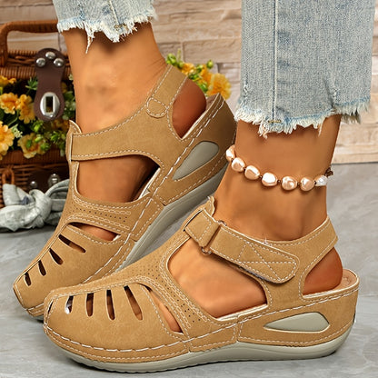 Ladies Leisure Wedge Sandals | White Synthetic Cover | Middle Heel With Round Head Hollowed Out Design | Breathable And Comfortable | Wear All Season | Easy To Buckle And Close | Durable PU Sole | Fashion Versatile Shoes And Lace-up Sandals.