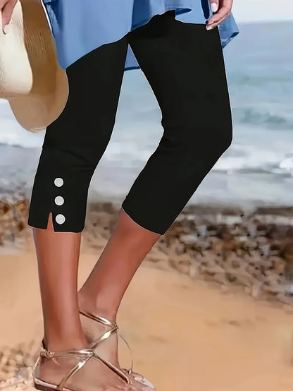 2pcs Women's Stylish Solid Color Capri Pants with Button Details - Medium Elasticity, Machine Washable, All-Season Casual Wear for Adults, Comfortable Leisurewear | Sleek Capri Leggings