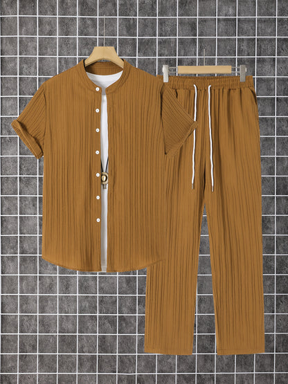 Men's 2pcs Striped Shirt and Trousers Set, Regular Fit, Casual and Comfortable, Striped Short-sleeve Shirt, Button- Lapel Shirt, Suitable for Daily Wear and Beach Vacations