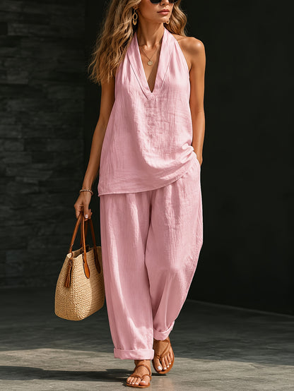 2pcs The New Spring/Summer 2026 Women's Halter-neck V-neck Sleeveless Casual Suit Is Suitable for Daily Casual Wear