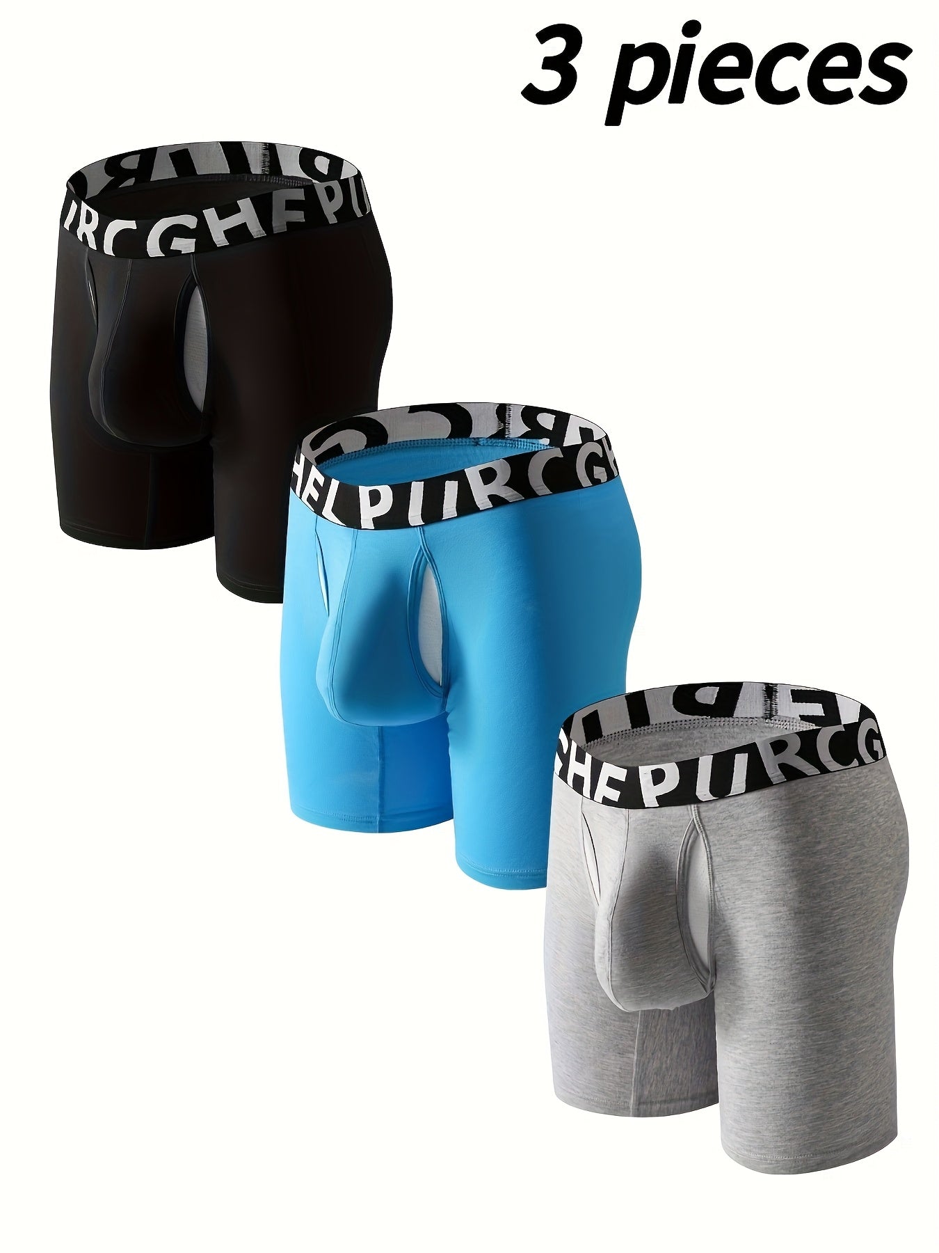 3pcs Men's Athletic Underwear: Quick-Dry Slim-Fit Long Boxer Briefs with Letter Waistband & Dual-Layer Separate U-Convex Pouch