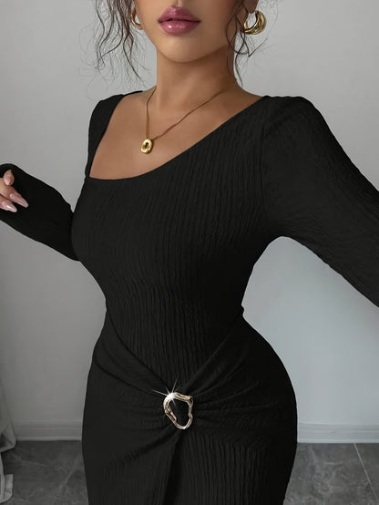 Women'S Solid Color Twisted Split Maxi Dress Asymmetrical Neck Slim Bodycon Fall Winter Elegant Fashion Dress