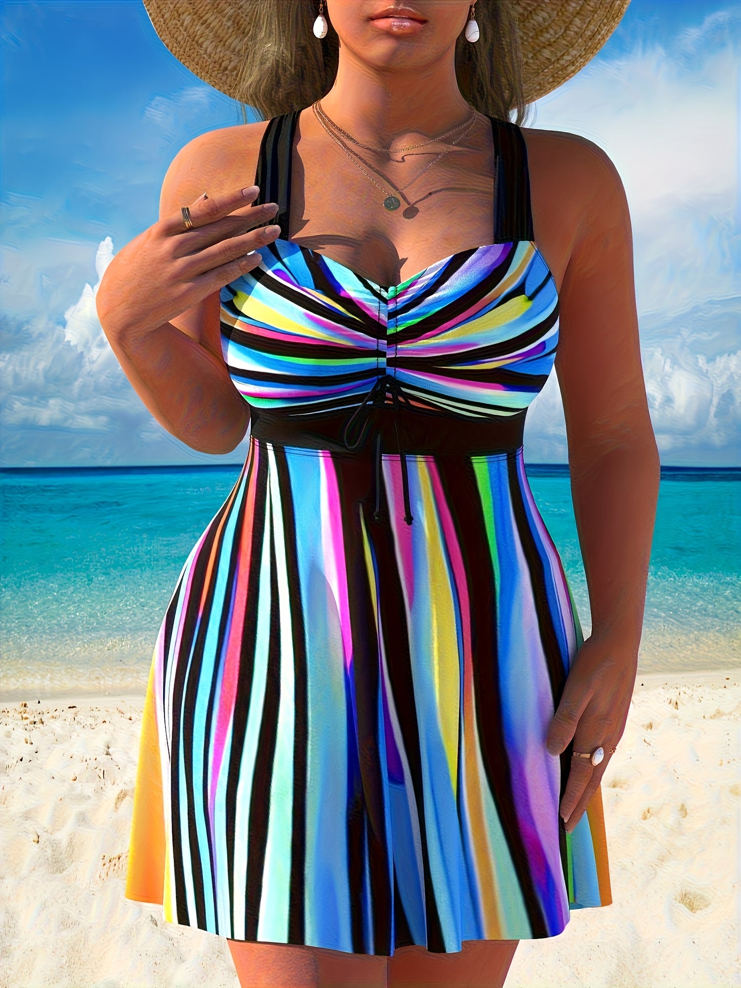 Fashionable Women's Pink Bubble Tankini Swimsuit Set