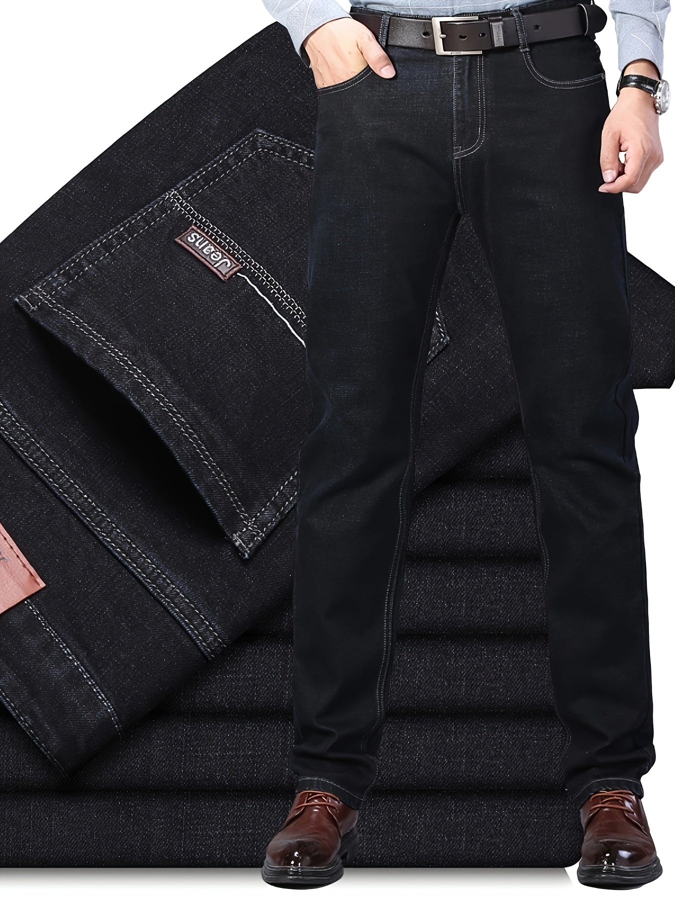 Men's Classic Straight-Leg Stretch Denim Jeans - Water-Washed Black Casual & Business Casual Pants, All-Season Machine Washable Regular Fit