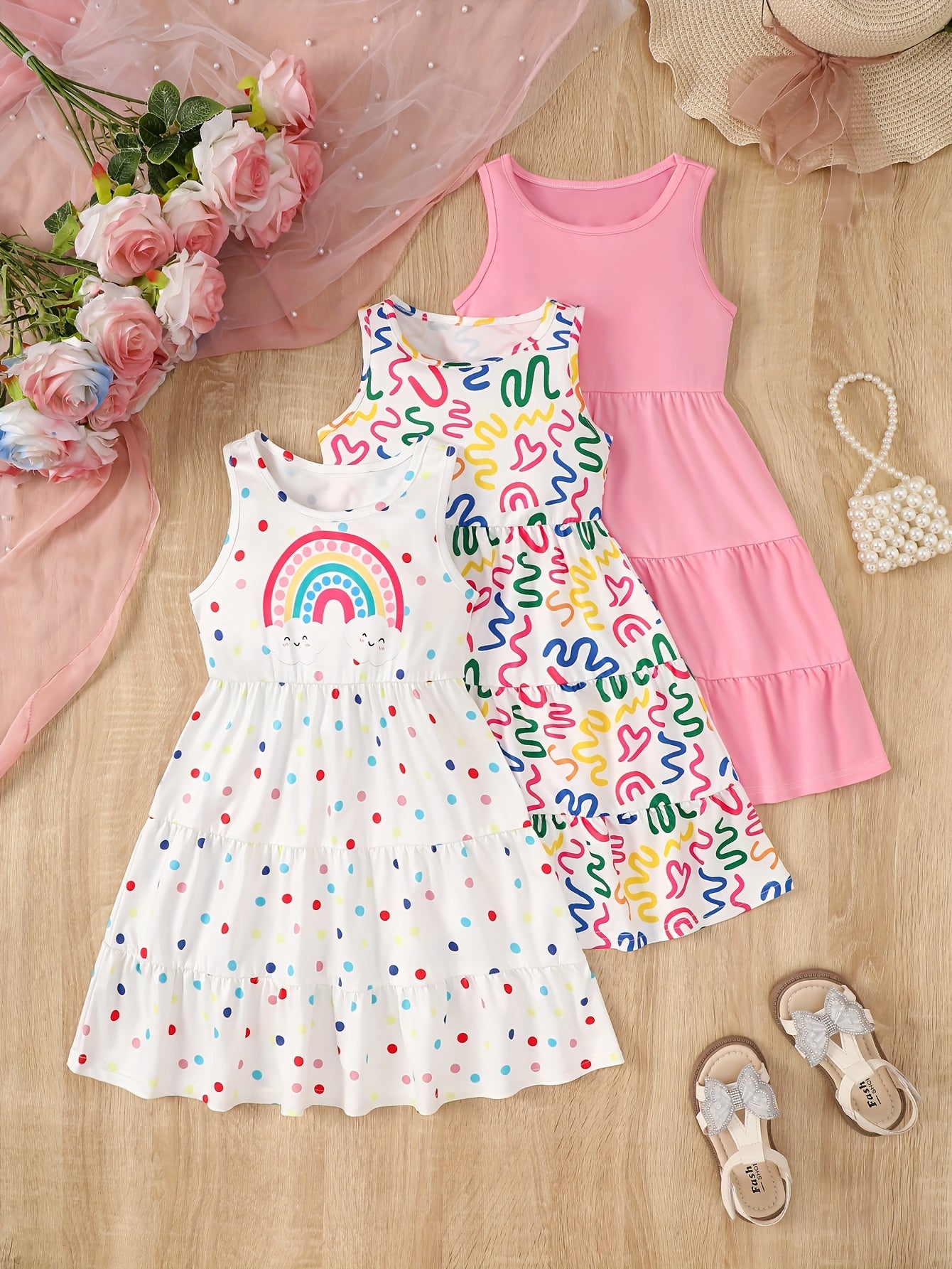 3pcs Summer Girls 8 Years Sleeveless Dress Holiday Gift Party Teenage Dresses Children Casual Dressy Pop Girls Dress 10 Years Chic Peplum Casual Skirt Sleeveless Suspenders