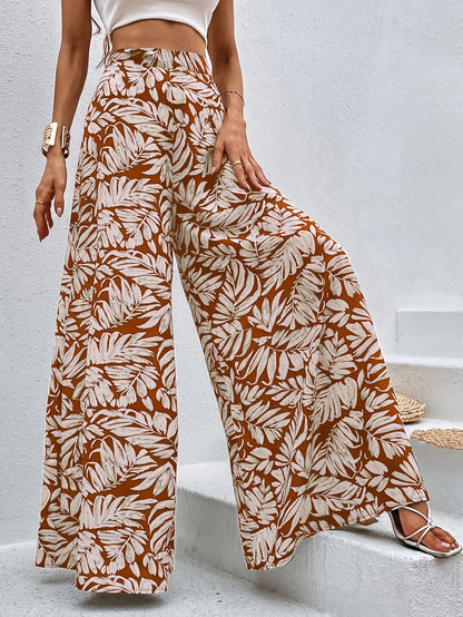 Women's High Waist Leaf Print Wide Leg Palazzo Pants - Super Long Flowy Bohemian Style, Machine Washable Non-Stretch Fabric for Spring & Autumn Casual Wear, Autumn Apparel, Lightweight Design