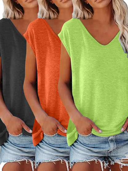 [3pcs V-Neck Vests] 3pcs Solid-Color V-Neck Vests, Casual Vests for Spring And Summer, Women's Wear