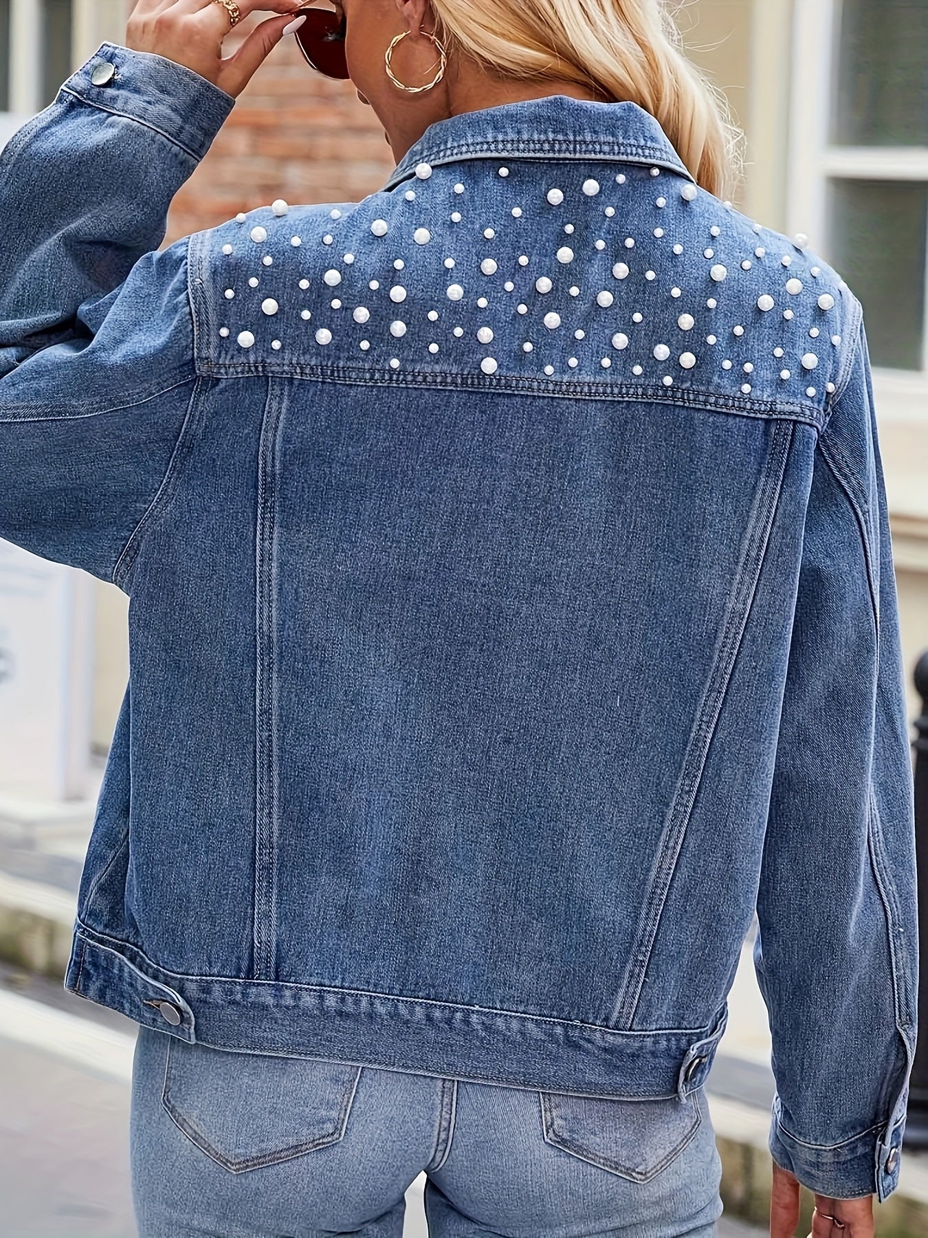 [Pearl Beaded Denim] Women's Denim Jacket, Pearl Beaded, Front Button, Blue Wash Denim, Suitable for Casual, Party, Etc., Party Coat | Pearl Embellished Denim