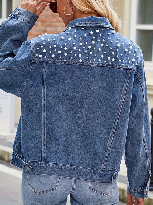 [Pearl Beaded Denim] Women's Denim Jacket, Pearl Beaded, Front Button, Blue Wash Denim, Suitable for Casual, Party, Etc., Party Coat | Pearl Embellished Denim