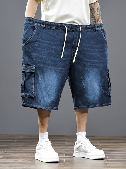 Mens Plus Size Denim Cargo Shorts, Big And Tall Elastic Waist Drawstring Jean Shorts For Men, Loose Fit Blue