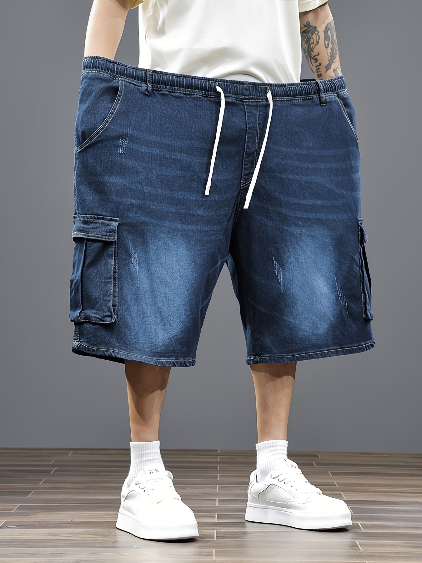 Mens Plus Size Denim Cargo Shorts, Big And Tall Elastic Waist Drawstring Jean Shorts For Men, Loose Fit Blue