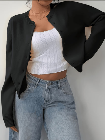New Spring And Summer Fashionable Elegant Women's Stretch Button Cardigan - High-Elasticity Crew Neck Spring/Autumn Sweater, Hand Wash/Dry Clean Spring And Summer Apparel, Lightweight And Breathable Daily Commute, Sports And Leisure Top, Qqq