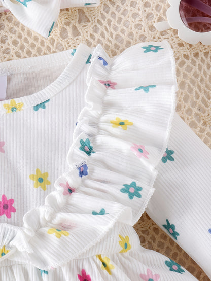 Adorable Floral Print Long-Sleeve Romper Set for Baby Girls with Lace Trim Socks & Headband - Polyester, Perfect for Spring/Fall, Perfect for Outdoor