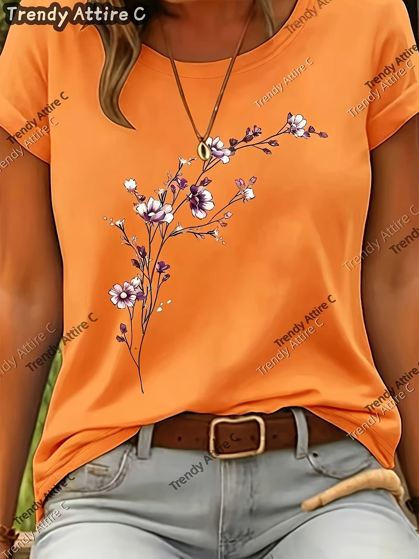 This Short-sleeved T-shirt Features A Purple Floral Print with A Horizontal Branch Pattern. It Has A Regular Fit And A Round Neck, Making It A Suitable Gift for Spring/summer. Perfect for Outdoor Casual Wear