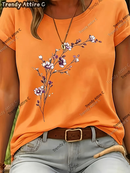 This Short-sleeved T-shirt Features A Purple Floral Print with A Horizontal Branch Pattern. It Has A Regular Fit And A Round Neck, Making It A Suitable Gift for Spring/summer. Perfect for Outdoor Casual Wear