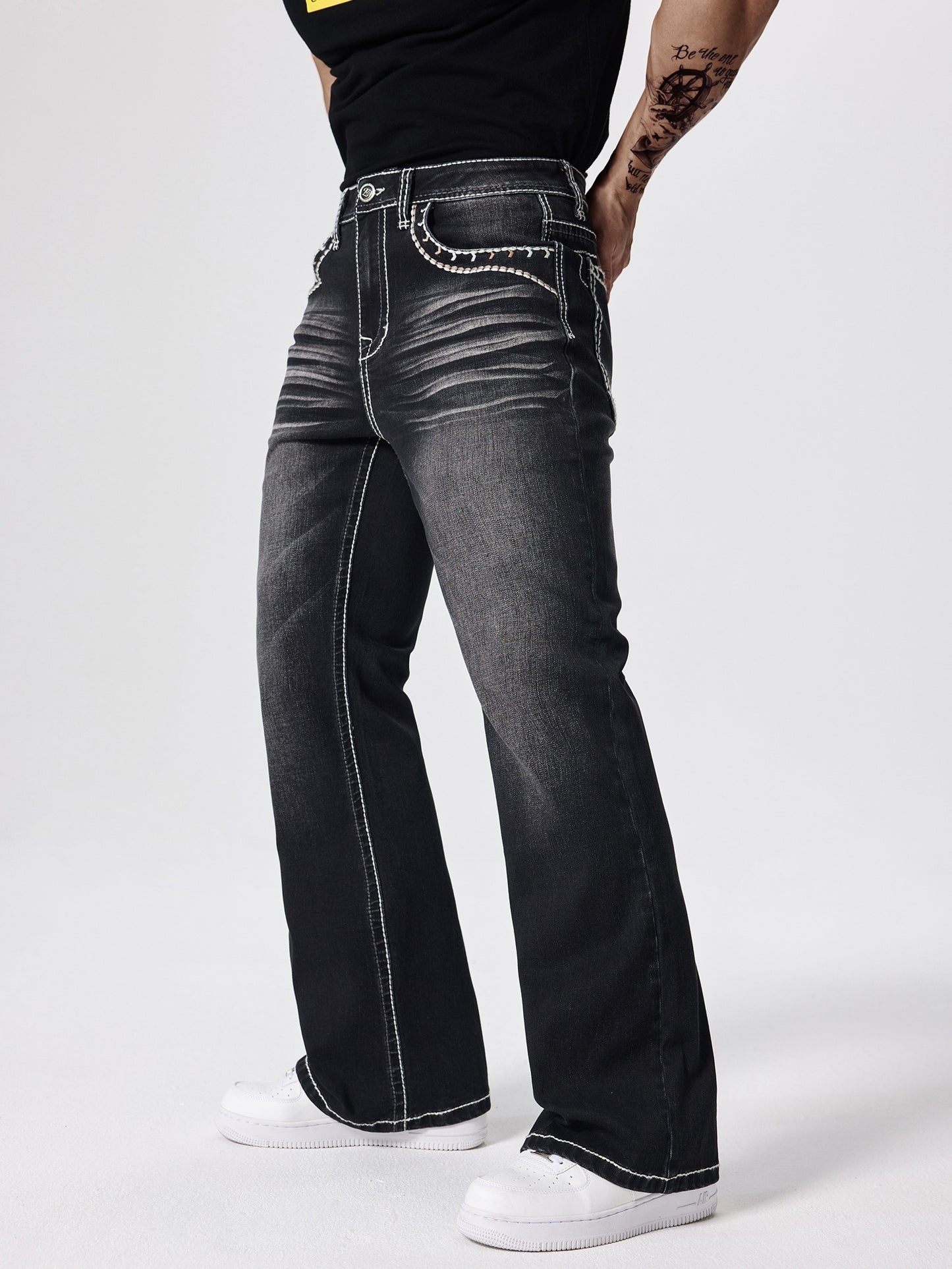 ESDVQ Men's Slim-Fit Classic Washed Denim Bell-Bottom Jeans - Mid-Stretch Machine-Washable Flared Pants with Suitable for All-Season Wear, Comfortable Stretchable Bell-Bottoms for Casual & Dressy Outfits