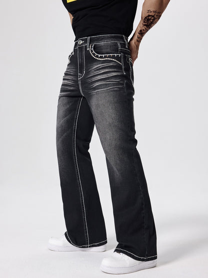 ESDVQ Men's Slim-Fit Classic Washed Denim Bell-Bottom Jeans - Mid-Stretch Machine-Washable Flared Pants with Suitable for All-Season Wear, Comfortable Stretchable Bell-Bottoms for Casual & Dressy Outfits