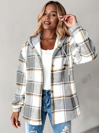 Women's Oversized Plaid Jacket with Fleece Lining - Hooded Winter Coat, Large Checkered Pattern (Black/Tan/Gray/White), Loose-Fit Casual Outerwear for Spring Fall Winter, Machine Washable Hoodie Jacket