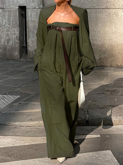 Alofi Women'S Stylish Jumpsuit Set Collarless Long Sleeve Outerwear And Strapless Wide Leg Jumpsuits Summer Loose Fit Suit