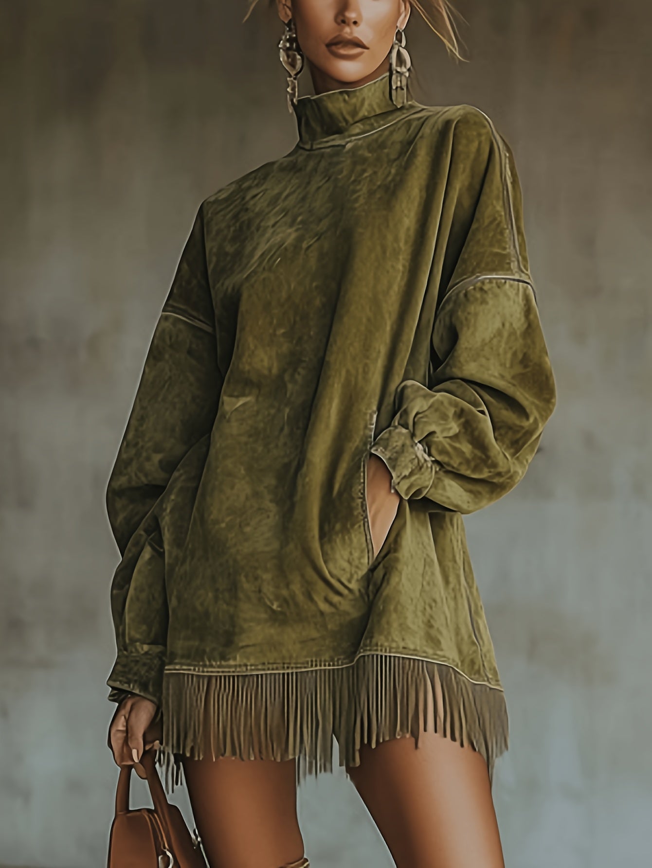 [Lightweight Fringed Skirt] Summer Women's Lightweight Breathable Fringed Mini Skirt, Retro High-Neck Dress, Loose-Padded Long-Sleeved Fringed Skirt