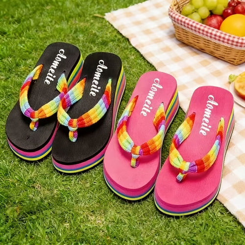 Women'S Summer Beach Flip Flops - Comfort Thick Sole Casual Sandals, Black And Pink Rainbow Stripe, Soft TPU Material, All-Season Wear, Women Shoes