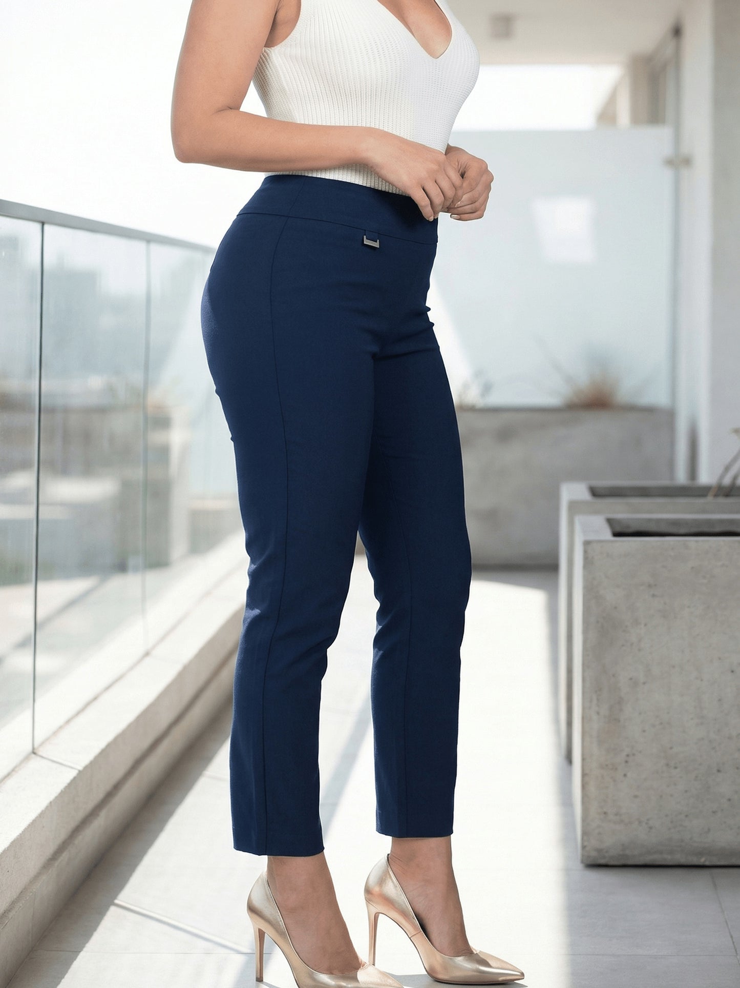Women's High Waisted Stretch Slim Fit Cropped Trousers, Office Casual Work Pants with Metal Detail