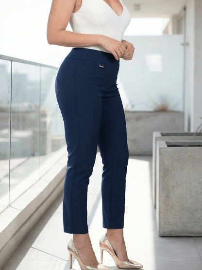 Women's High Waisted Stretch Slim Fit Cropped Trousers, Office Casual Work Pants with Metal Detail
