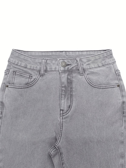 GILIPUR MH1025 Light Blue Retro High-Waist Stretch Straight Leg Women's Pants, Street Style Solid Color Long Pants with Pockets, All-Season Comfortable Stretch Fabric, Machine Washable