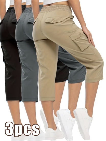 3pcs Women'S Fashionable Cargo Capri Pants for Summer, with Elastic Waistband And Pockets - Casual Sports Capri Pants, Breathable Blend