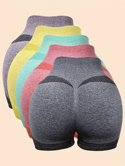 5pcs Multi-color Elastic Hip-lifting High-waisted Leg-shaping Shorts, Breathable And Quick-drying Yoga And Fitness Daily Wear Sports Shorts