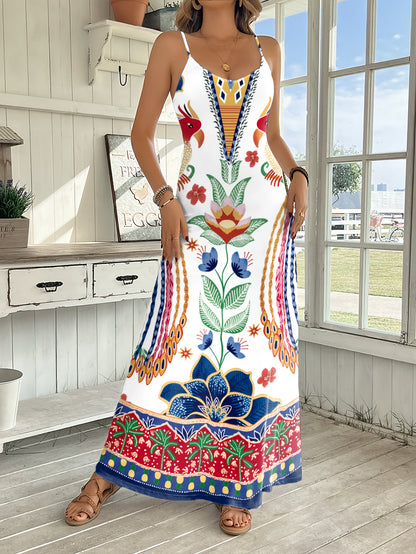 Women'S Fashion Pattern Printed Suspender Long Dress for Spring And Summer