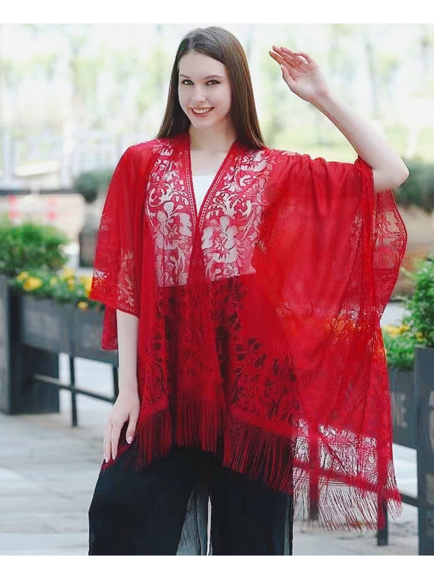 Woman's Plus Size Boho Cover Up, Lace Kimono, Women's Plus Floral Lace Batwing Sleeve Cover-Up, Open Front Tassel Trim Kimono, Lightweight Beach Cover Up