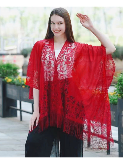 Woman's Plus Size Boho Cover Up, Lace Kimono, Women's Plus Floral Lace Batwing Sleeve Cover-Up, Open Front Tassel Trim Kimono, Lightweight Beach Cover Up