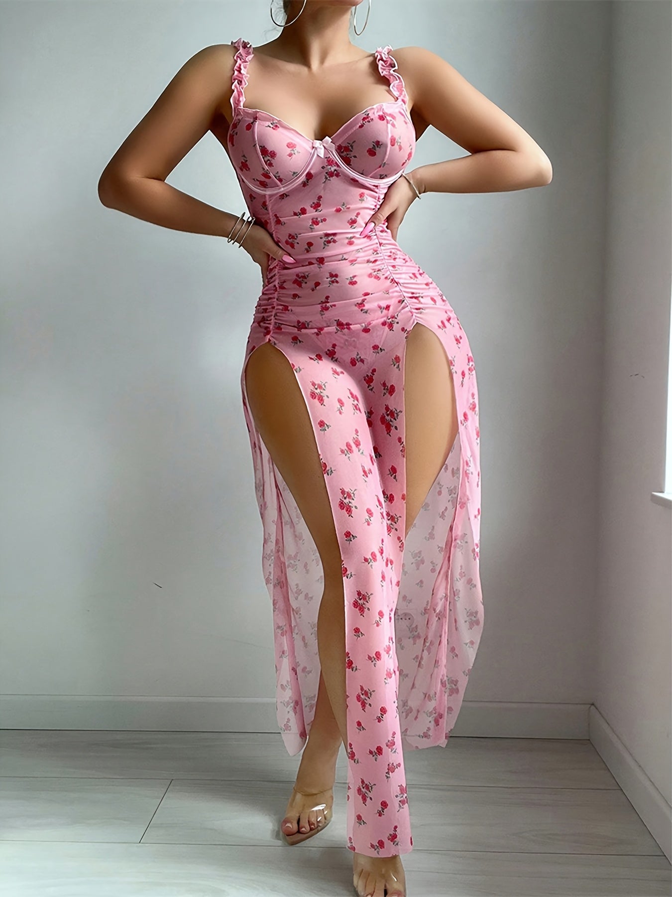 2pcs Women's Elegant Sheer Gauze Long Camisole Dress Set, with Ruffled Straps, Underwire and Thong - Ideal Choice for a Romantic Night