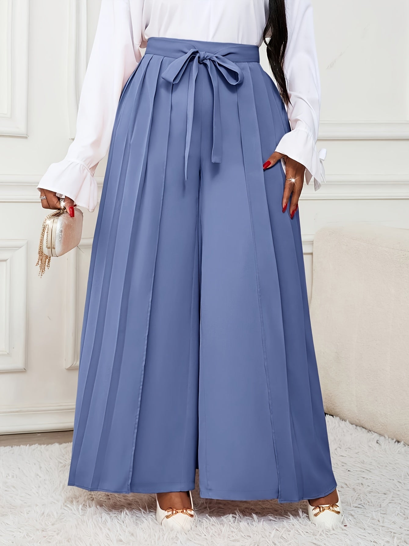 Plus Size - Plus-size Women'S Pants With Elegant Pleats, Removable Design, Two-way Wear, Straight-leg Style, Retro Chic, Casual, Suitable For All Seasons Throughout The Year.