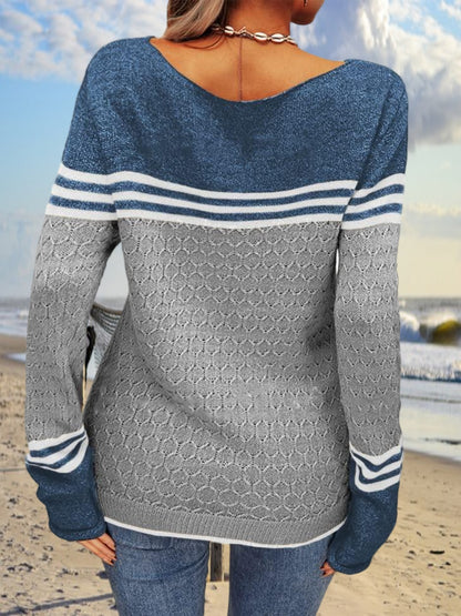 Women Autumn Winter Colorblock Pullover Sweaters Round Neck Striped Slim Fitting Knitwear Tops