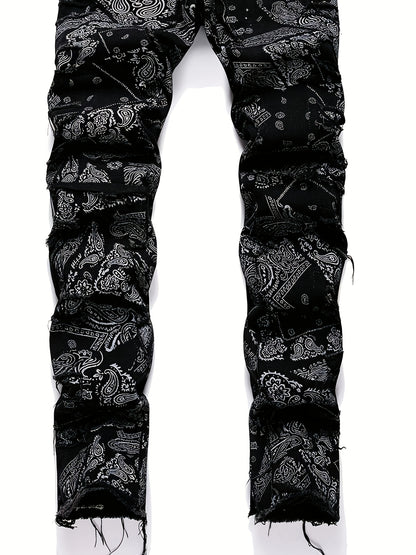 [Hme]Men'S Casual Print Jeans, Featuring a Trendy Street Hip-Hop Style, Mid-Rise Stretchy Slim Straight Cut, with Three-Dimensional Tailoring And Irregular Patch Designs. Made from Elastic Fabric That Is Machine Washable, Suitable for All Seasons