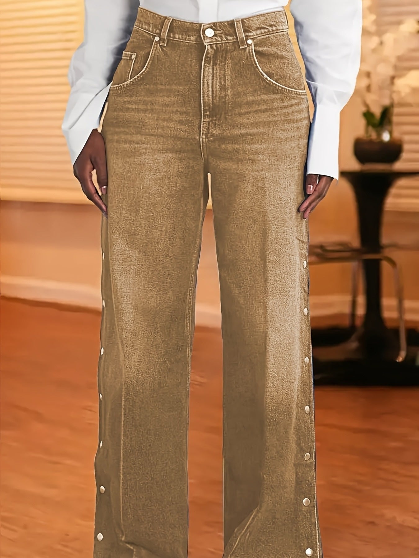 Wide Leg Denim Jeans with Side Snap Buttons, High Rise, Classic Blue Wash