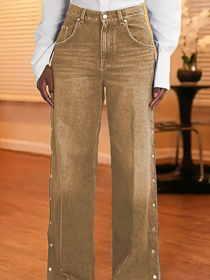 Wide Leg Denim Jeans with Side Snap Buttons, High Rise, Classic Blue Wash