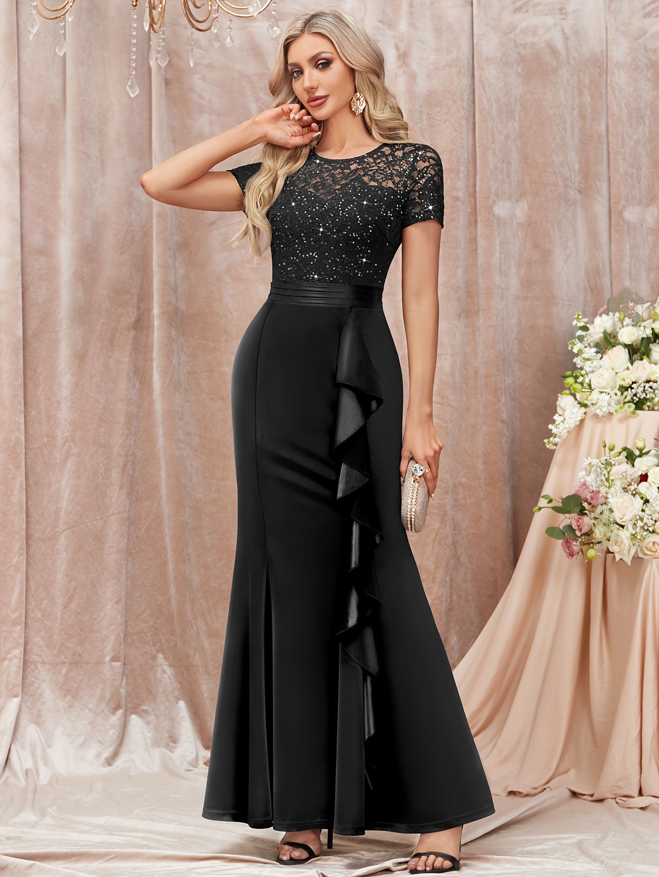 53272 Elegant Womens Sequin Lace Contrast Bridesmaid Maxi Dress, Scoop Neck Short Sleeves, Side Ruffle Detail, Satin Mermaid Hem, Perfect for Graduation Season, Wedding Season, Summer Wedding Guest, Evening Party, Summer Vacation Events And Formal