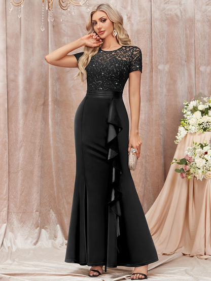 53272 Elegant Womens Sequin Lace Contrast Bridesmaid Maxi Dress, Scoop Neck Short Sleeves, Side Ruffle Detail, Satin Mermaid Hem, Perfect for Graduation Season, Wedding Season, Summer Wedding Guest, Evening Party, Summer Vacation Events And Formal