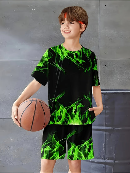 6pcs Set of Easy And Stylish Flame Outfits, 3D Printed Casual Short-Sleeve T-Shirts + Shorts. Outdoor T-Shirt And Shorts Set, for Outdoor