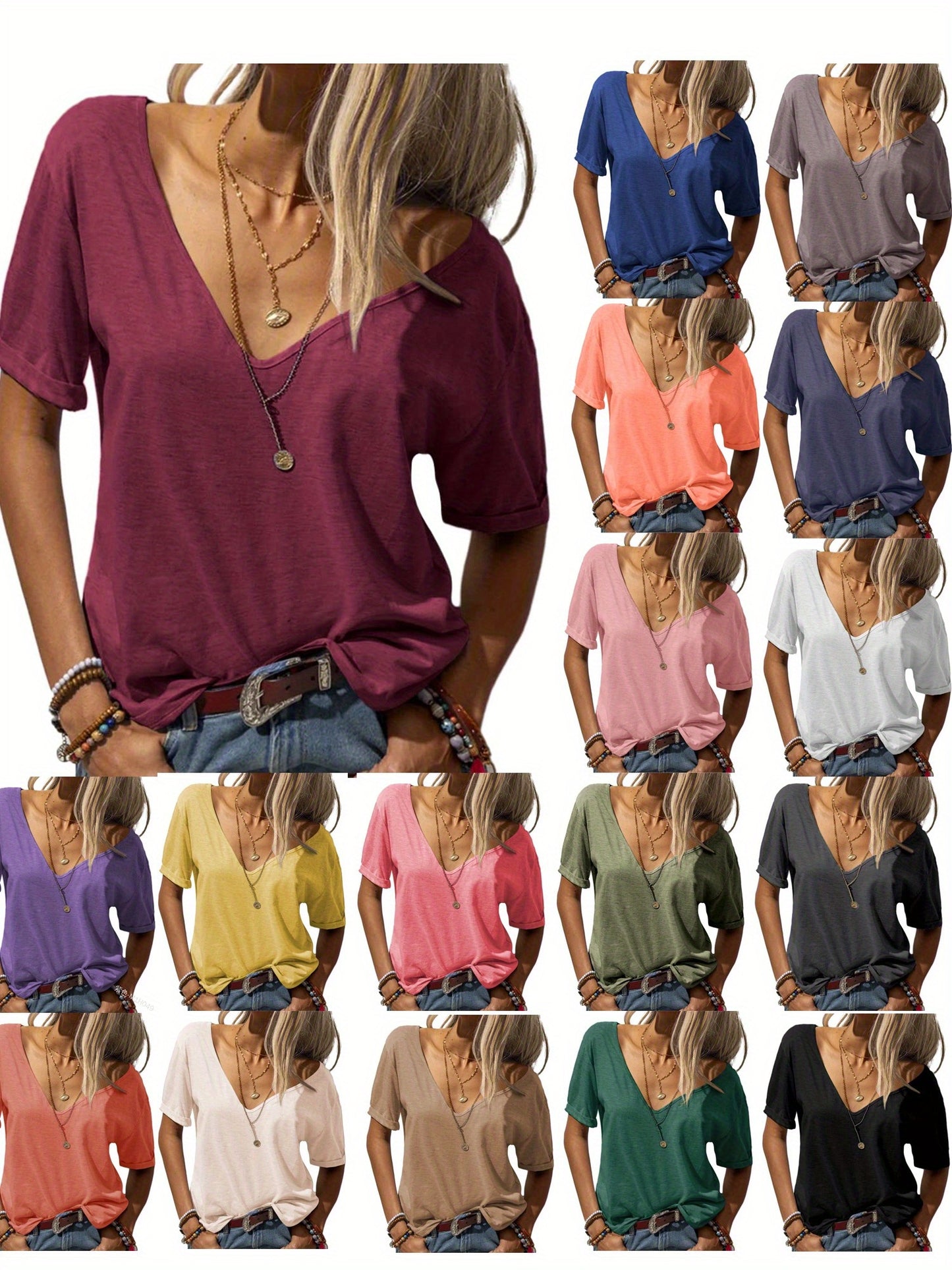 Casual Loose Basic T-Shirt for Women with a Deep V-Neck And Short Sleeves