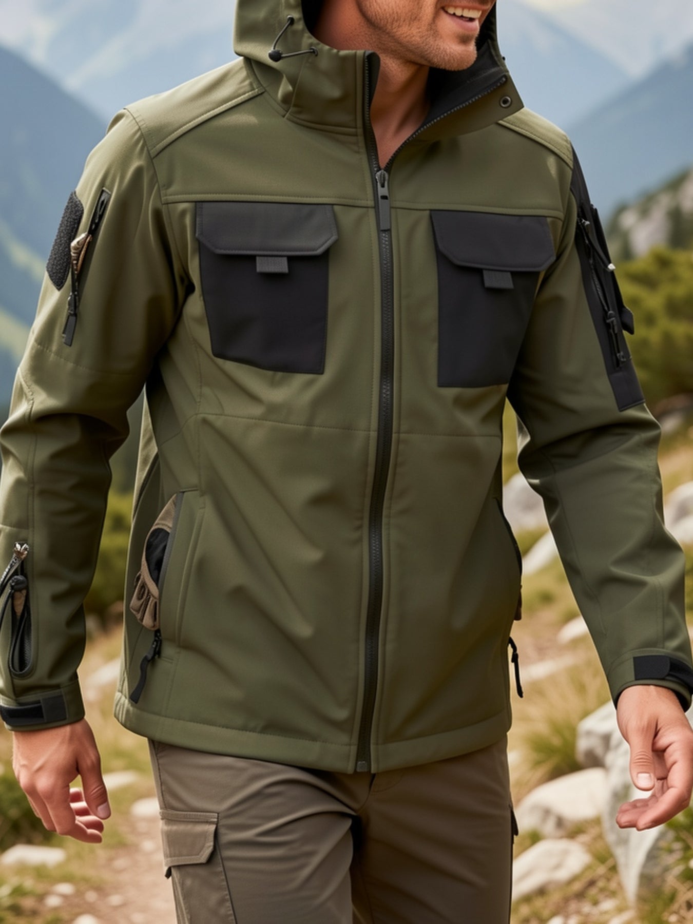 Men's Tactical Jacket Outdoor Zippered Shell Jacket, Windproof, Scratch Resistant, Warm Hooded Jacket, Suitable for Outdoor Activities, Ripstop Technology, Multiple Utility Pockets - Non-Stretch Outdoor Gear for Camping, Survival, Tactical Training.