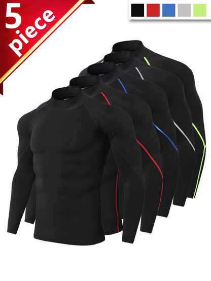 5 Breathable Quick-Dry Men'S Compression Long Sleeve Sportswear - High Stretch Polyester Blend Round Neck Top, Suitable for Running, Basketball, Gym and Casual Wear, Gym Shirt