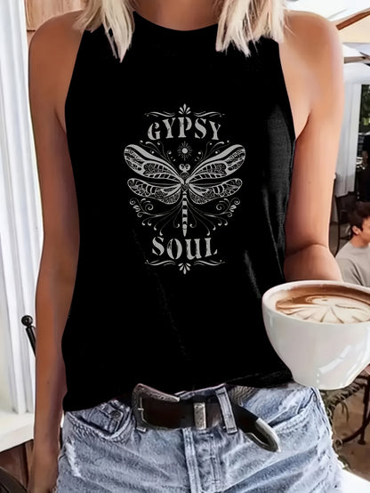 Women' Boho Sleeveless Round Neck Tank Top - Gypsy Soul Dragonfly Print Blouse Suitable for Everyday Casual Wear, Coffee Outfits, Bohemian Style, Machine Washable Non- Shirt for Layering or Use