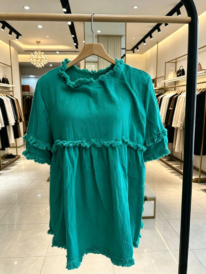 Women'S Round Neck Short Sleeve Casual Blouse with Fringed Trim
